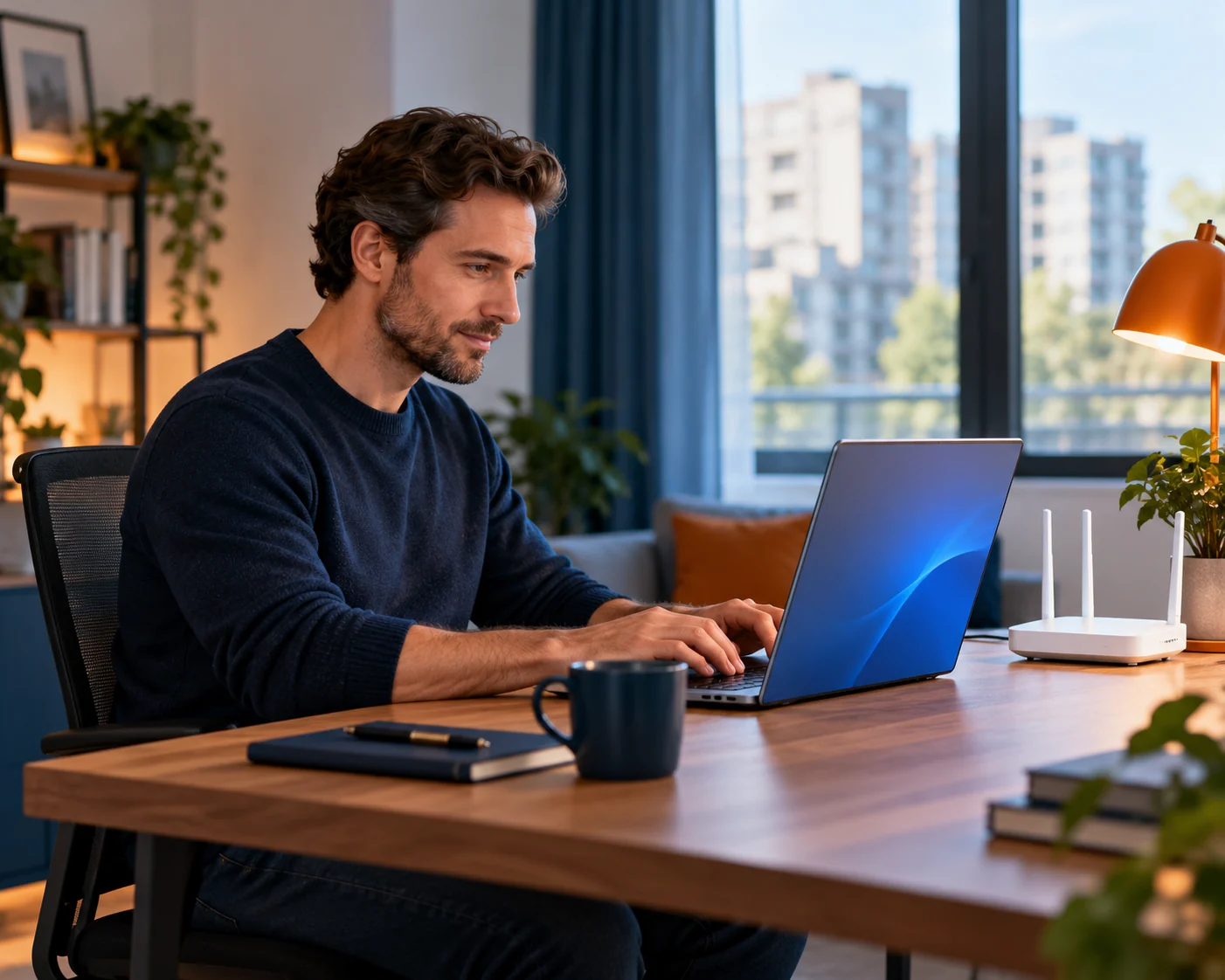 Рабочее место дома: ноутбук и Wi-Fi роутер